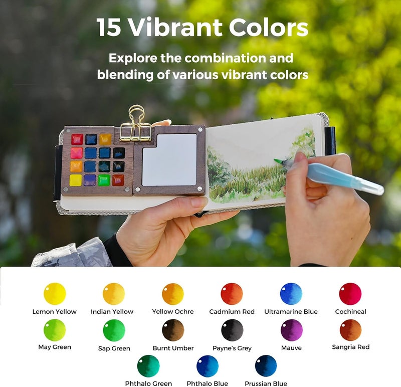 Funto Mini Watercolor Paint Set, All-in-One Walnut Wood 15-Color Premium Pocket Travel Paint Kit, with Crossbody Bag,Watercolor Journal, Metal Clip, Paint Water Cup, Water Brush Ideal for Art Lovers - Image 3